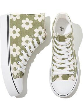 Women's Olive Canvas Upper Lace Up Cute Walking Shoes High Top Sneakers